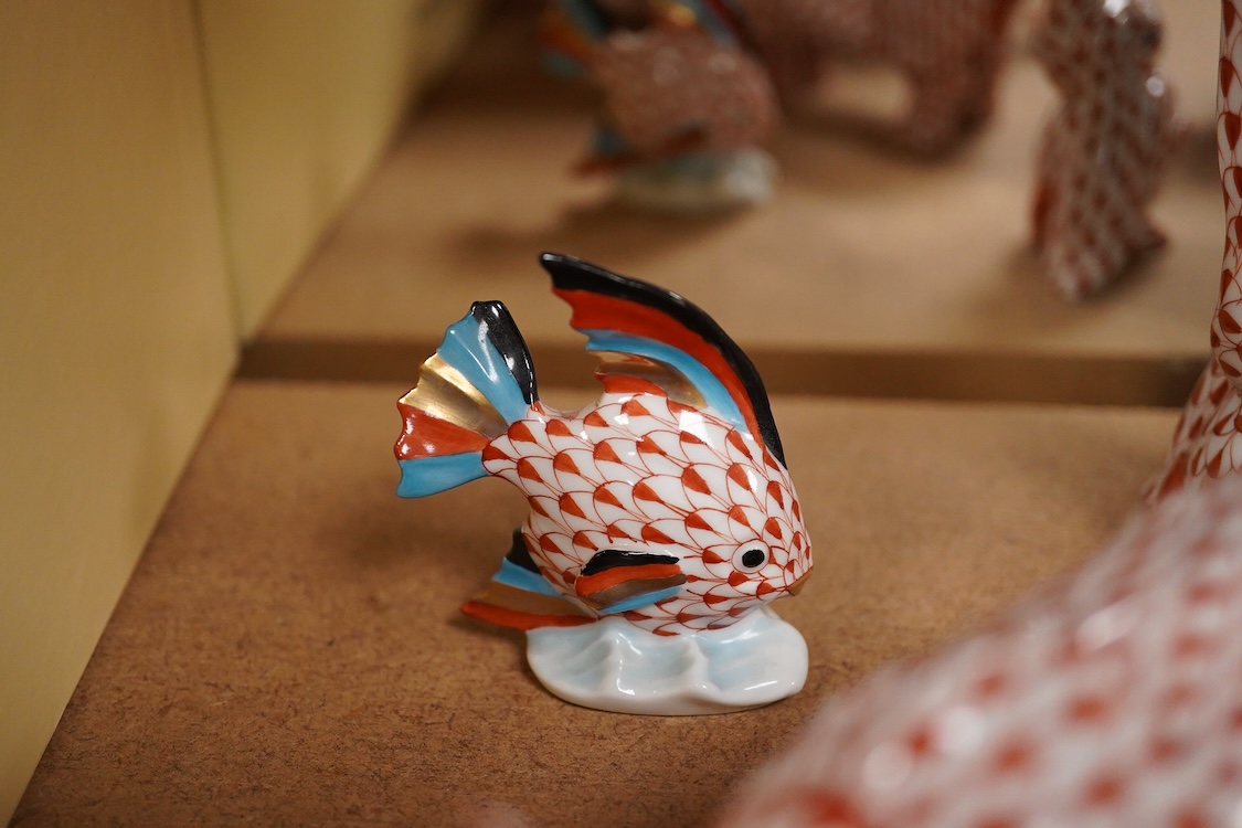 A group of Herend red scale animals and a similar cat, 14cm high